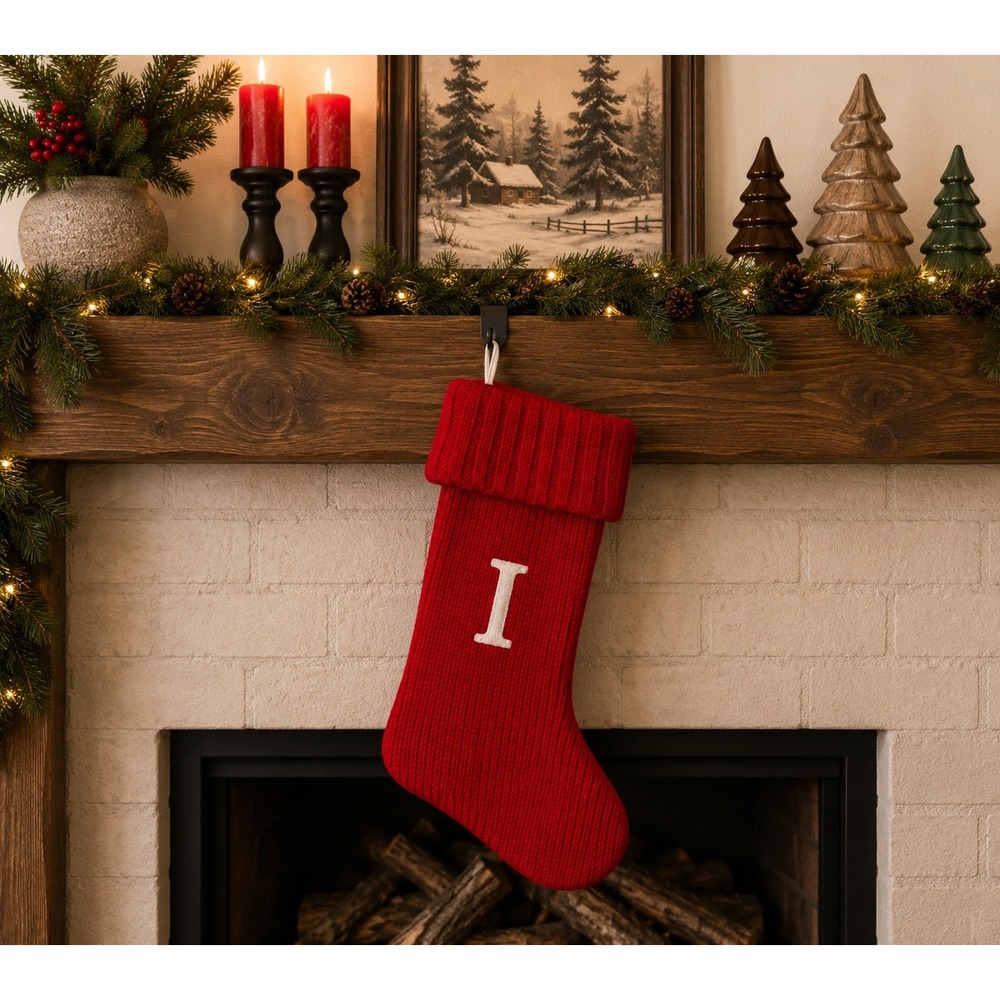 Red Knit Christmas Stocking Monogram Letter I White Initial Holiday Decor